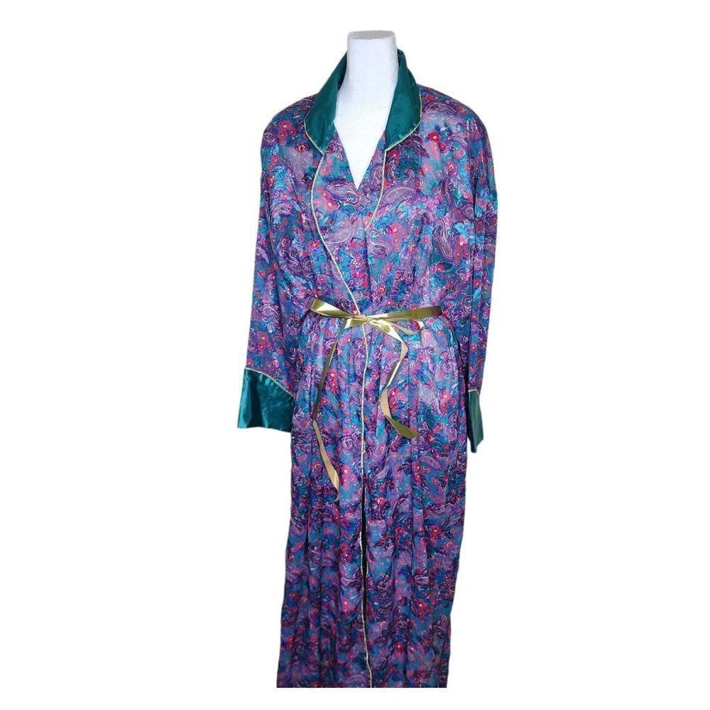 Vintage 90s Satin Robe Womens Size L Purple Shawl Collar Jewel Tones Paisley